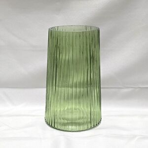 Green Glass Table Vase 8" Ribbed Finish Column Subtle Tapered Cylinder Modernist